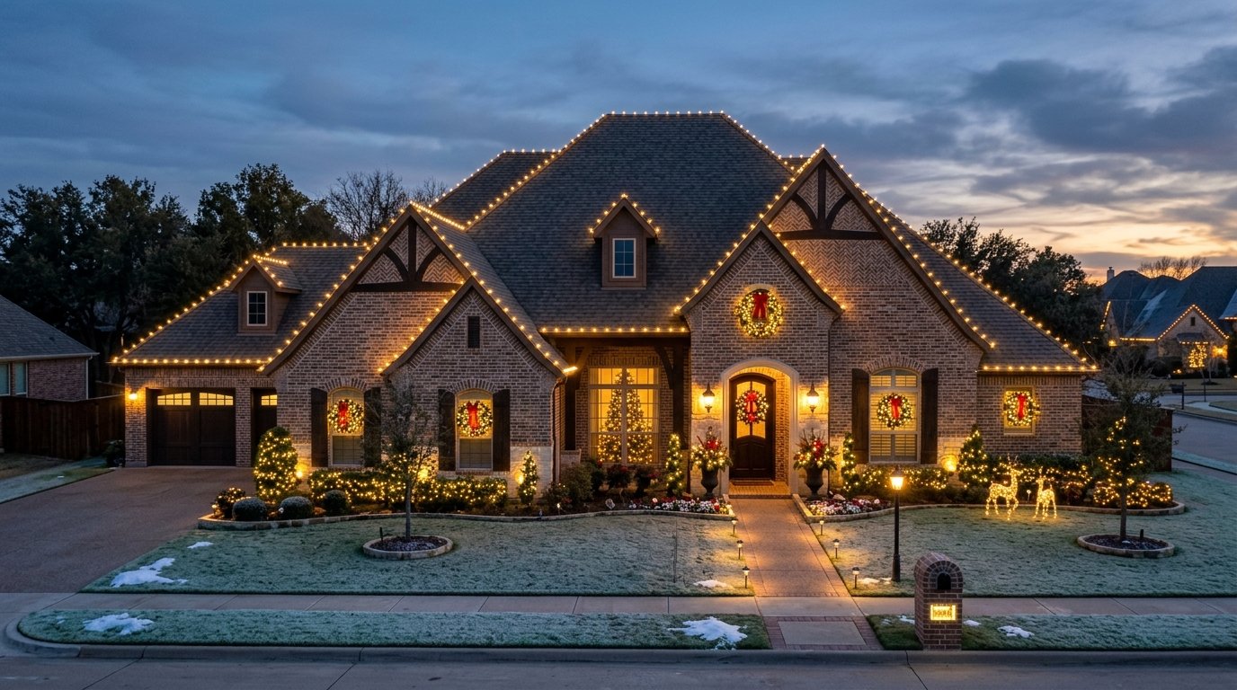 Christmas light installation on a Texas home at dusk with warm roofline lights