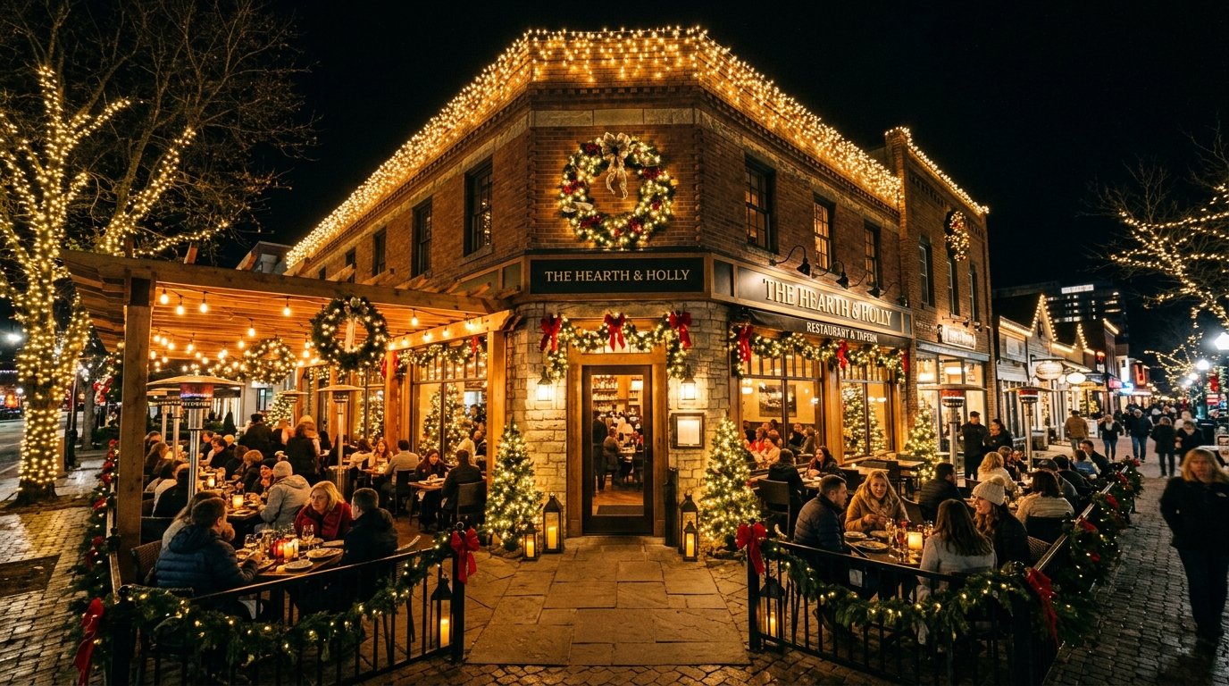 Commercial restaurant storefront with welcoming warm Christmas lights and wreaths
