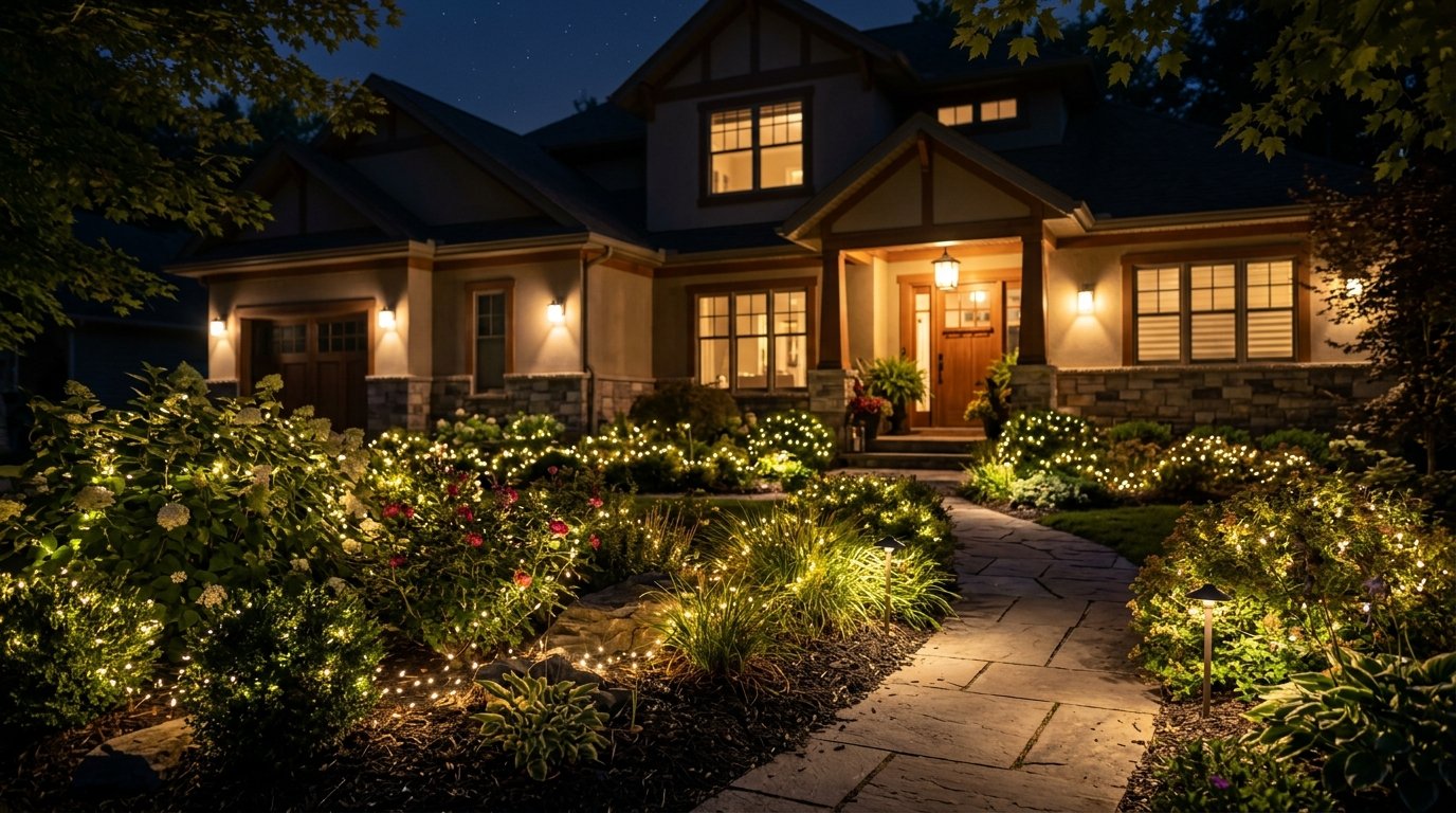 Glowing landscaped garden bed and shrub lighting in front yard