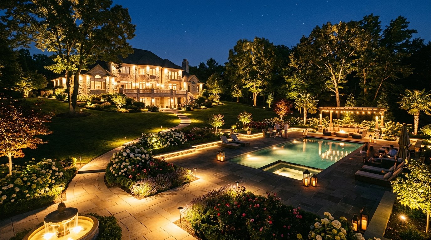 Broad panoramic landscape lighting on luxury estate lawn and patio