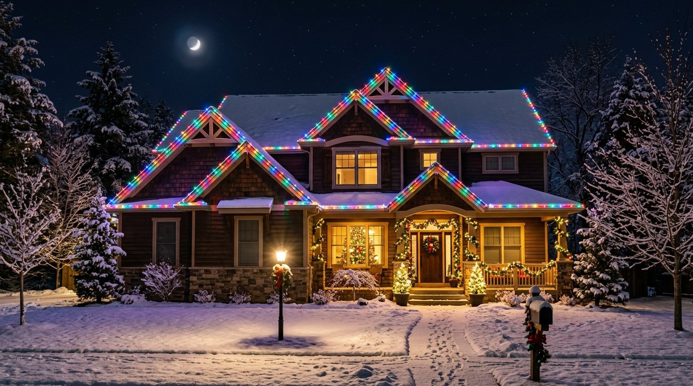 Vibrant multicolor C9 Christmas roofline lighting on gables and peaks