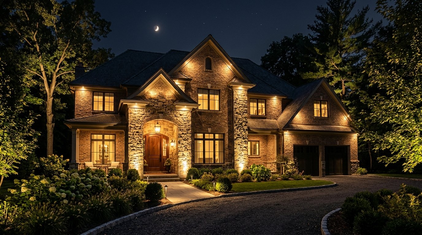 Dramatic architectural uplighting illuminating brick columns and tall trees