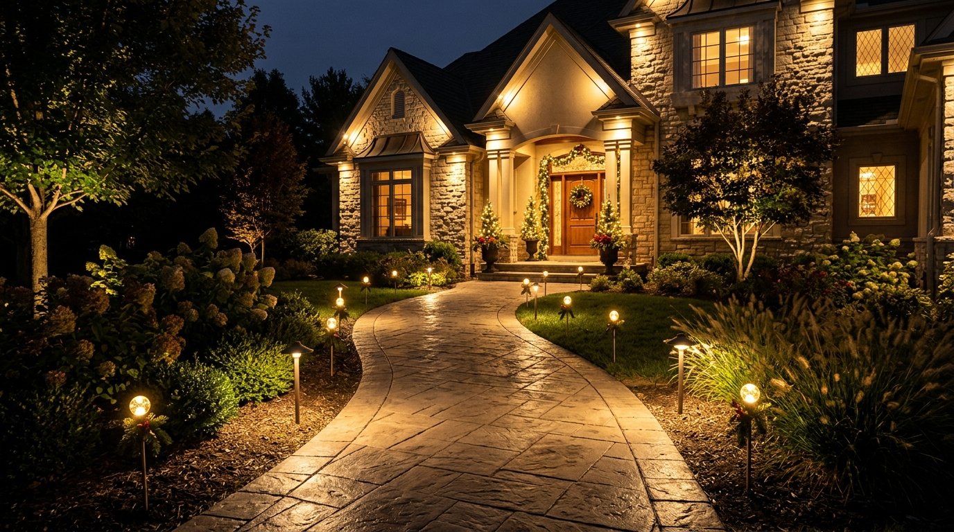 Illuminated stone walkway and pathway leading to warm glowing front door